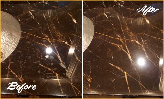 Before and After Picture of a China Grove Marble Countertop Cleaned to Remove Water Spots