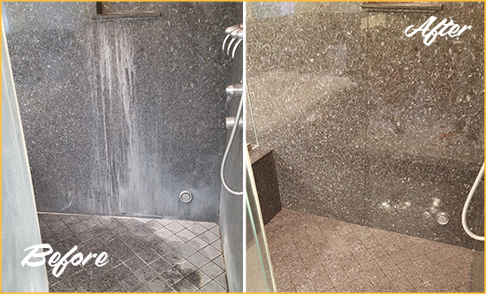 Before and After Picture of a Barium Springs Granite Shower Stone Sealed to Avoid Mineral Deposits