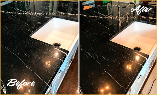 Before and After Picture of a Bethania Marble Kitchen Countertop Stone Sealed to Avoid Water Damage