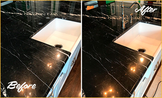 Before and After Picture of a Mount Mourne Marble Kitchen Countertop Stone Sealed to Avoid Water Damage