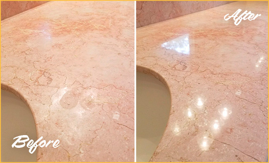 Before and After Picture of a Clemmons Marble Stone Vanity Top Sealed to Avoid Water Marks