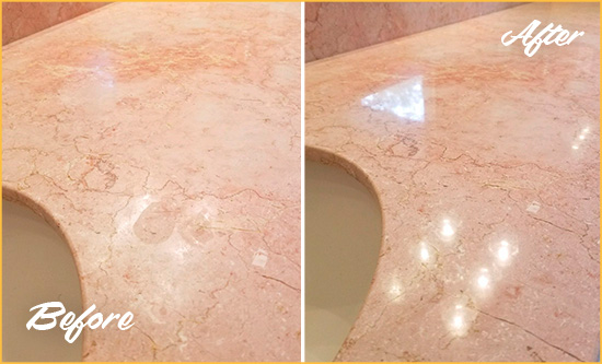 Before and After Picture of a Cleveland Marble Stone Vanity Top Sealed to Avoid Water Marks