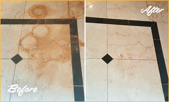 Before and After Picture of a Troutman Marble Floor Honed to Remove Rust Stains