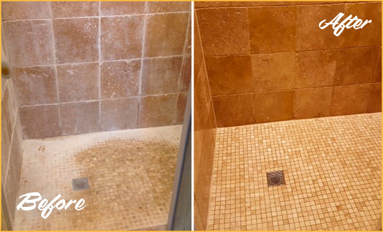 Before and After Picture of a Kannapolis Travertine Shower Honed to Remove Mineral Deposits