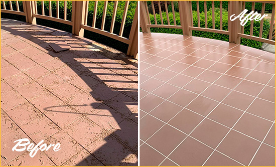 Before and After Picture of a Statesville Hard Surface Restoration Service on a Tiled Deck