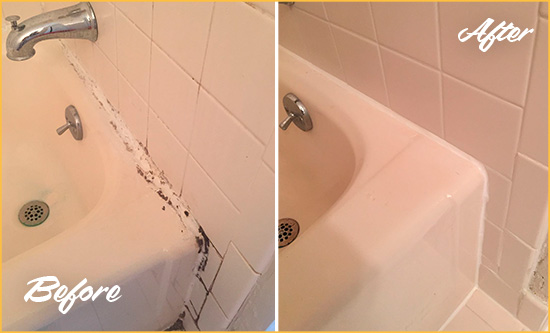 Before and After Picture of a China Grove Hard Surface Restoration Service on a Tile Shower to Repair Damaged Caulking