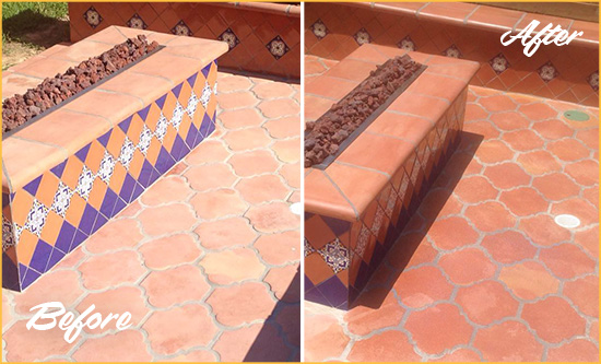 Before and After Picture of a Lewisville Hard Surface Restoration Service on a Dull Terracotta Patio Floor to Recover Its Color