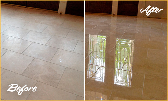 Before and After Picture of a Mooresville Hard Surface Restoration Service on a Dull Travertine Floor Polished to Recover Its Splendor