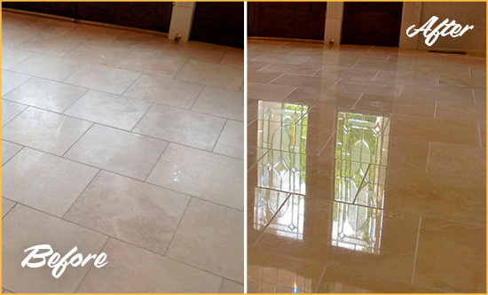 Before and After Picture of a Clemmons Hard Surface Restoration Service on a Dull Travertine Floor Polished to Recover Its Splendor