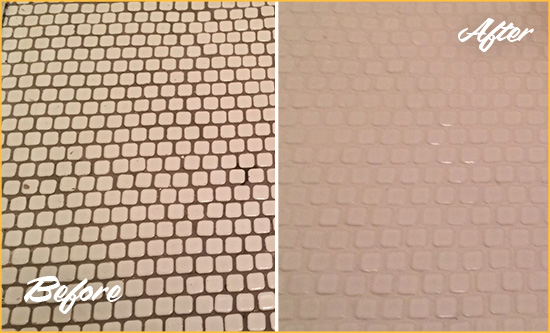 Before and After Picture of a Turnersburg Hard Surface Restoration Service on a Bathroom Tile Floor Recolored to Fix Grout Color