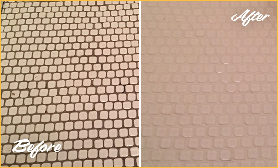 Before and After Picture of a Landis Hard Surface Restoration Service on a Bathroom Tile Floor Recolored to Fix Grout Color