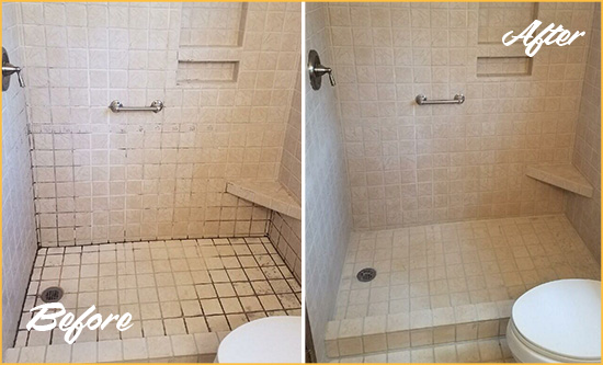 Before and After Picture of a Winston-Salem Shower Grout Cleaned to Remove Mold