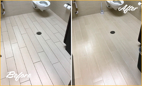 Before and After Picture of a Mocksville Office Restroom's Grout Cleaned to Remove Dirt