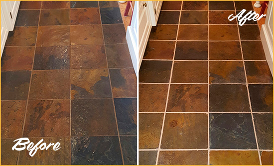 Before and After Picture of East Spencer Slate Floor Grout Cleaned to Remove Dirt