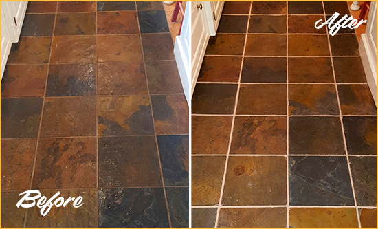 Before and After Picture of Lewisville Slate Floor Grout Cleaned to Remove Dirt