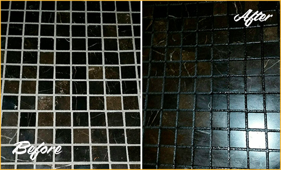 Before and After Picture of a Cooleemee Black Floor with Recolored Grout