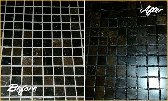 Before and After Picture of a Mocksville Black Floor with Recolored Grout