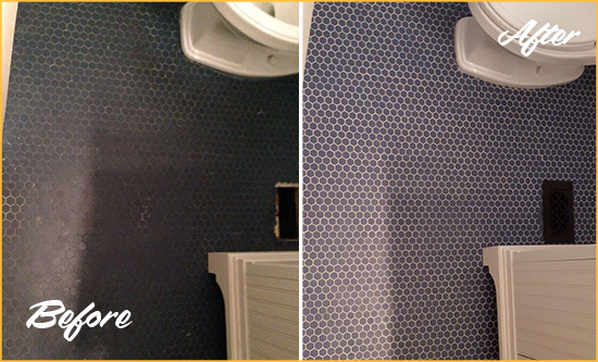 Before and After Picture of a Salisbury Blue Tile Floor Recolored Grout
