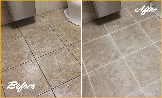 Before and After Picture of a East Spencer Office Restroom Floor Recolored Grout