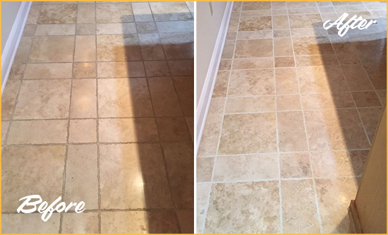 Before and After Picture of a Lexington Travertine Kitchen Floor Recolored Grout