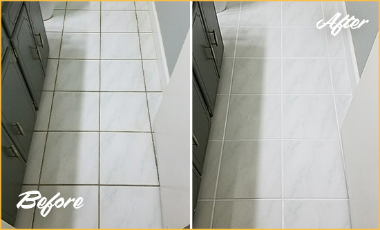 Before and After Picture of a Concord White Ceramic Tile with Recolored Grout