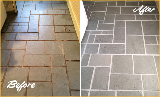 Before and After Picture of Damaged Mooresville Slate Floor with Sealed Grout