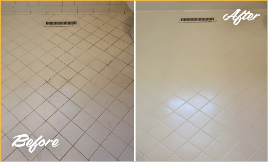 Before and After Picture of a Scotts White Bathroom Floor Grout Sealed for Extra Protection