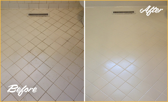 Before and After Picture of a Winston-Salem White Bathroom Floor Grout Sealed for Extra Protection