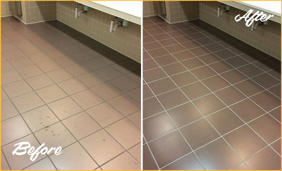Before and After Picture of Dirty Turnersburg Office Restroom with Sealed Grout