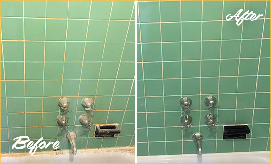 Before and After Picture of a Sherrills Ford Bath Tub Grout Sealed to Avoid Water Damage