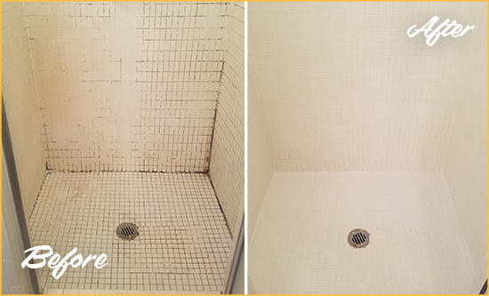 Before and After Picture of a Concord Bathroom Grout Sealed to Remove Mold