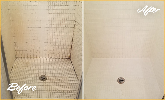 Before and After Picture of a Mocksville Bathroom Grout Sealed to Remove Mold