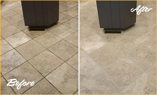 Before and After Picture of a Woodleaf Kitchen Floor Grout Sealed to Remove Stains