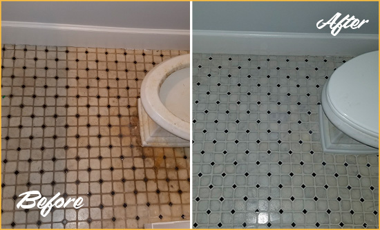 Before and After Picture of a Cooleemee Bathroom Floor Cleaned to Remove Embedded Dirt