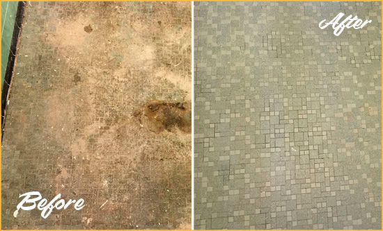 Before and After Picture of a Spencer Mosaic Shower Cleaned to Eliminate Embedded Dirt