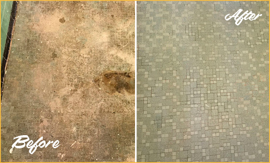 Before and After Picture of a Pfafftown Mosaic Shower Cleaned to Eliminate Embedded Dirt