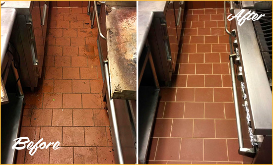 Before and After Picture of a Dull Spencer Restaurant Kitchen Floor Cleaned to Remove Grease Build-Up