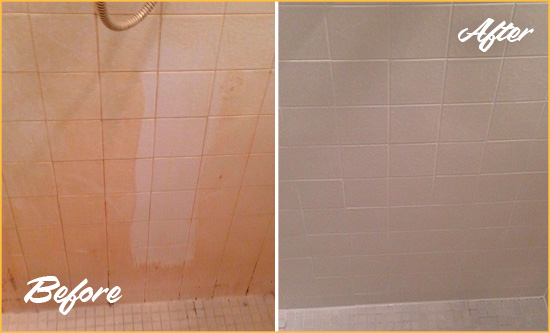 Before and After Picture of a Harrisburg Porcelaine Shower Cleaned to Remove Soap Scum
