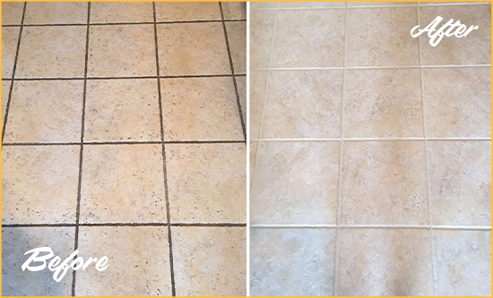 Before and After Picture of a Pfafftown Ceramic Floor Cleaned to Remove Soil