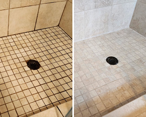 Shower Floor Before and After a Grout Sealing in Concord