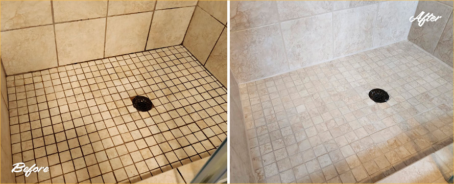 Shower Floor Before and After a Grout Sealing in Concord