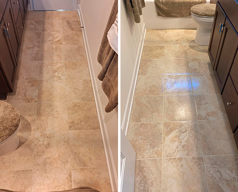 Tile Floor Before and After a Grout Recoloring in Mooresville